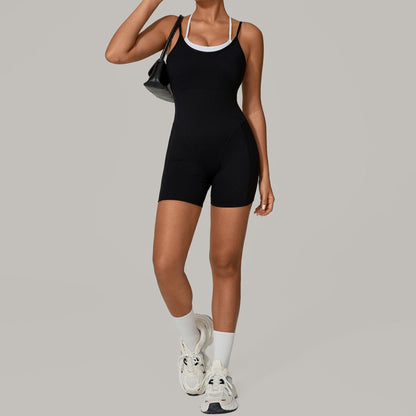 Autumn Sand Faux Two Piece Contrast Color Sling Sports Jumpsuit One Piece Yoga Clothes Backless Outdoor Fitness One Piece