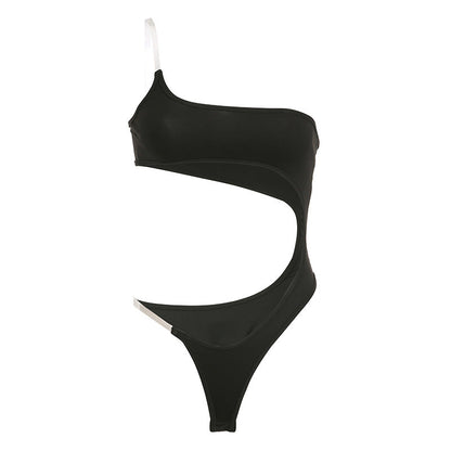 Sexy Jumpsuit See through Bra Straps Asymmetric Tube Top Hollow Out Cutout Seaside Vacation Swimsuit One Piece Bikini
