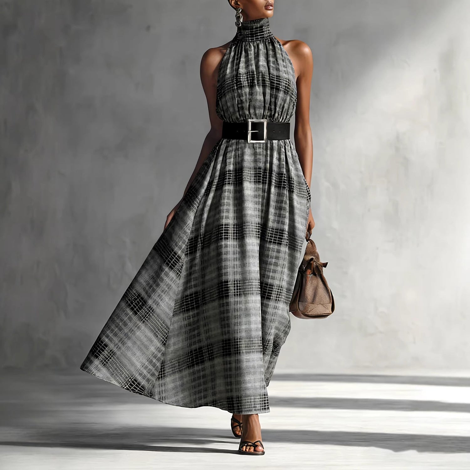 Halter Sleeveless Plaid High Waist Lace up Waist Draping Effect Large Hem A line Dress French Dress