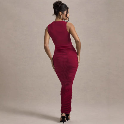 Autumn Winter Women Clothing Elegant Pleated Slim Sleeveless round Neck Sheath Dress