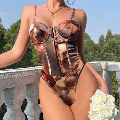 Sexy Street Satin Printed Sling Sexy Backless Breasted Steel Ring Jumpsuit