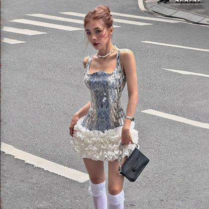 Women Clothing Fall Sexy Sling Sequin Contrast Color Slim Fit Dress