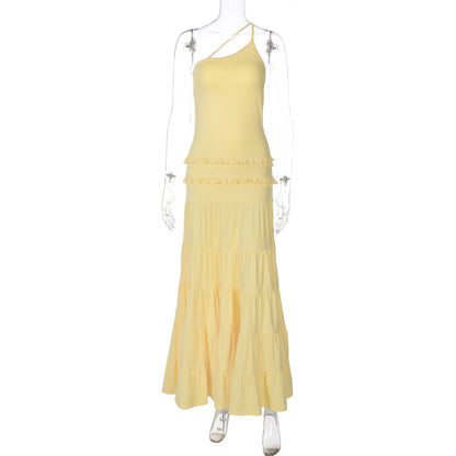 Sexy Hollow Out Cutout out Backless Stitching Tied One Shoulder Pleated Multi Layer Maxi Dress Women