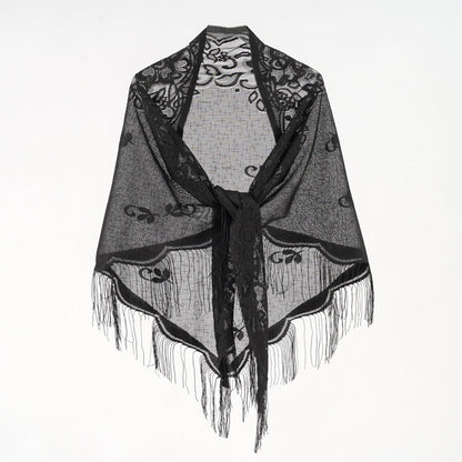 Nylon Hollow Out Cutout out Monochrome Breathable Tassel Triangular Binder Shawl Women Scarf