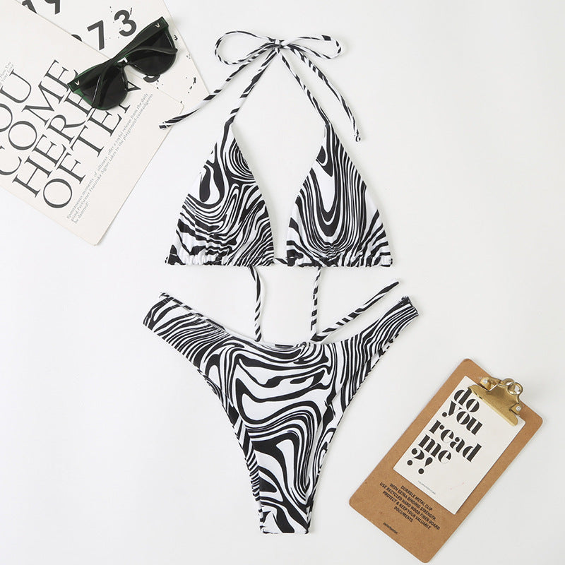 Multi Color Digital Printing Women Split Bikini Lace Up Swimsuit