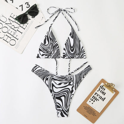 Multi Color Digital Printing Women Split Bikini Lace Up Swimsuit