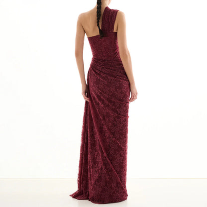 Women Sexy Deep V Plunge Neck Backless Hip Hugging Burgundy Dress Lace Pleated Fishtail Dress