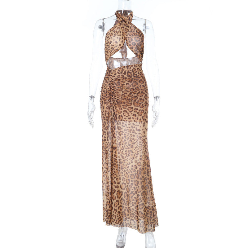 Leopard Print Hollow Out Cutout out Halter Split Print Dress Vacation Beach Party Dress