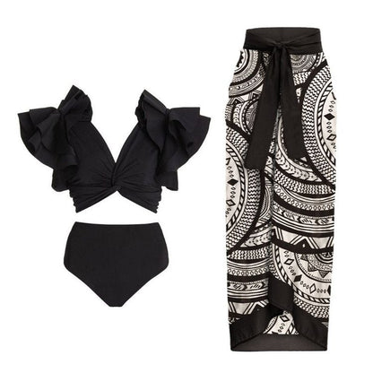 Retro High Waist Split Swimsuit Women Ruffled Bikini Swimsuit Chiffon Beach Skirt Set