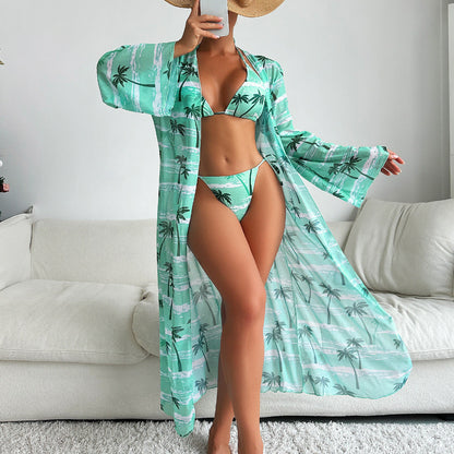 Swimsuit Women Split Three Piece Suit Printing Mesh Red Long Sleeve Sunken Stripe Bikini Swimsuit