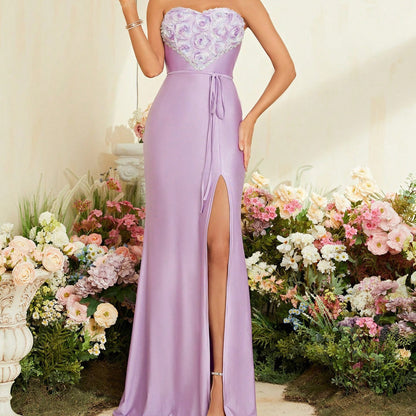Evening Dress Tube Top Elegant Three Dimensional Embroidered Patchwork Knitting Fishtail Slit Dress Summer A Line