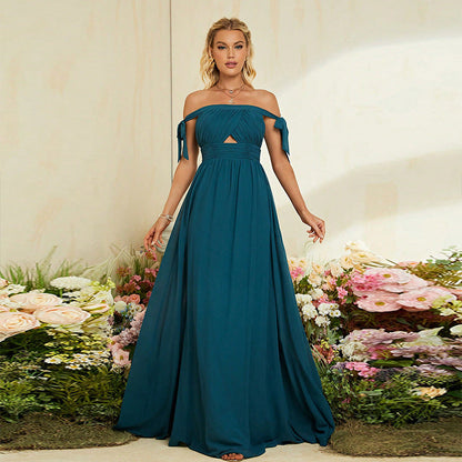 Summer Women Elegant off Shoulder Belt Bow Slimming Evening Dress Niche Bridesmaid Dress