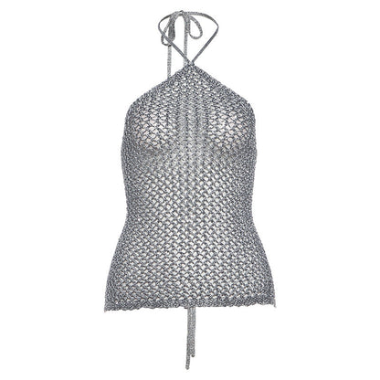 Spring Women Woolen Hollow Out Cutout Sexy Halter Lace up Backless Top for Women