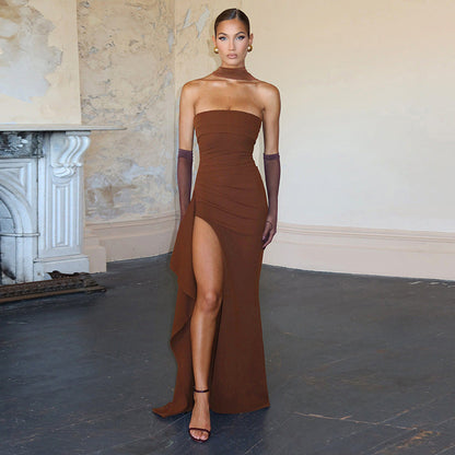 Women Clothing Summer Elegant Sexy Scarf Collar Slim Fit Slit Backless Dress Tube Top Dress