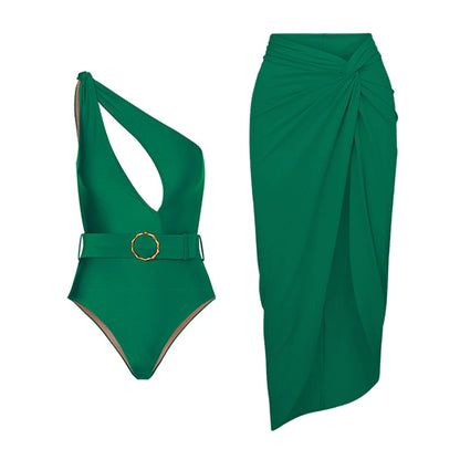 Solid Color One Piece Swimsuit Women Vacation Suit Skirt Swimsuit