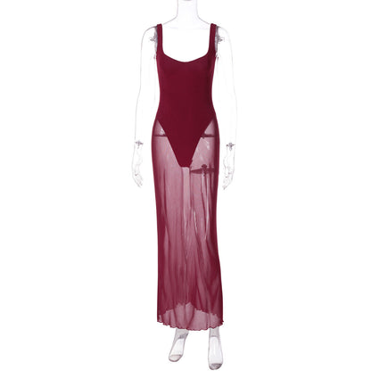 Women Fashionable Elegant Slim Fit Long Stitching Sexy Tulle Side Sling Dress