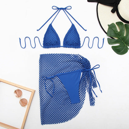 Swimsuit Women Solid Color Split Mesh Swimsuit Three Piece Sets Bikini Swimsuit