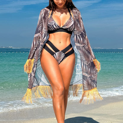 Swimsuit Women Bikini Three Piece Sets Veils Skirt Miami Tassel Swimsuit