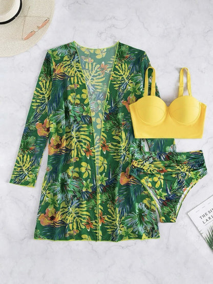 Sexy Mesh Bikini Three Piece Push up Split Printed Swimsuit for Women