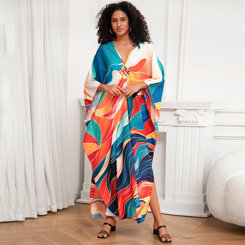 Positioning Print Holiday Loose plus Size Robe Beach Cover up Dress Bikini Cover-up Women&