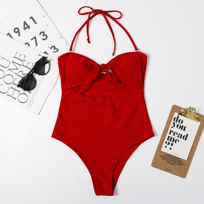 Lady Sexy Sling Triangle One Piece Bikini Swimsuit Solid Color Printing Swimsuit