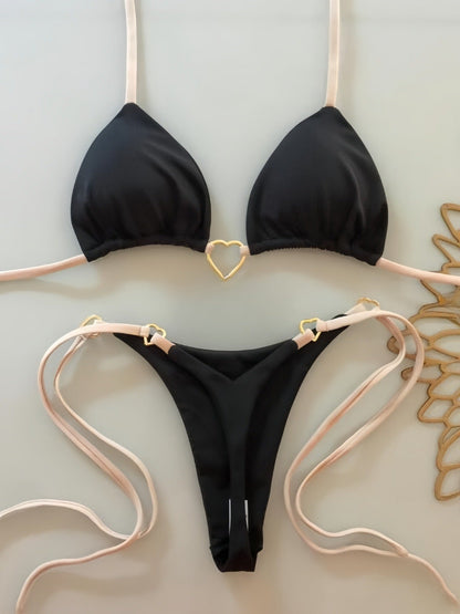 Nylon Solid Color Love Bikini Low Waist Lace up