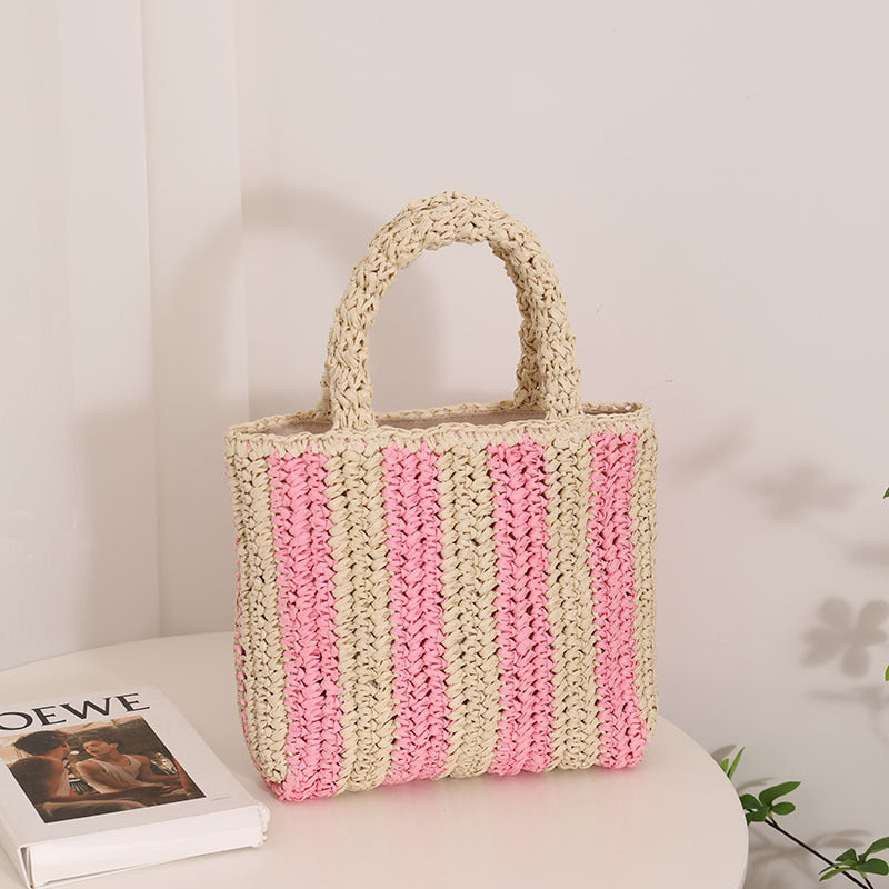 Vertical Stripes French Straw Bag Portable Contrast Color Straw Bag Woven Bag Women&