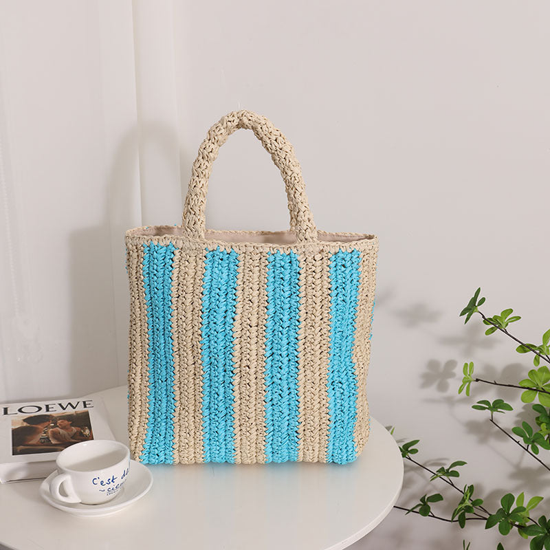 Vertical Stripes French Straw Bag Portable Contrast Color Straw Bag Woven Bag Women&