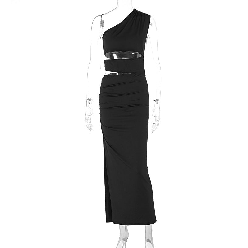 Solid Color Slim Fit Oblique Shoulder Sexy Cutout Sexy Split Irregular Asymmetric Dress