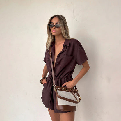 Shirt Collar Solid Color Waist Tight Short Sleeve Romper for Women Casual