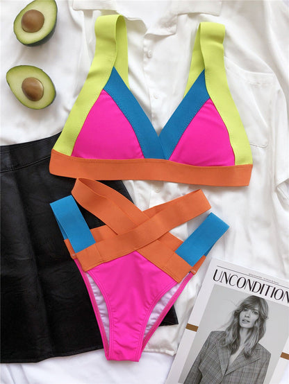 Color Bandage Bikini Sexy Highly Stretch Contrast Color Swimsuit Triangle Bag Swimsuit