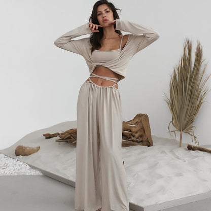 Suspender Top Trousers Long Sleeve Three Piece Set Comfortable Pajamas Autumn Knit Casual Homewear