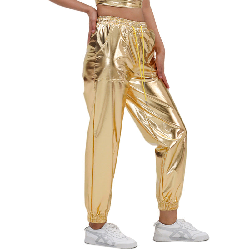 Women Pants Street Trend Bronzing Ankle Banded Pants Sports Bright Leather Loose Performance Clothes