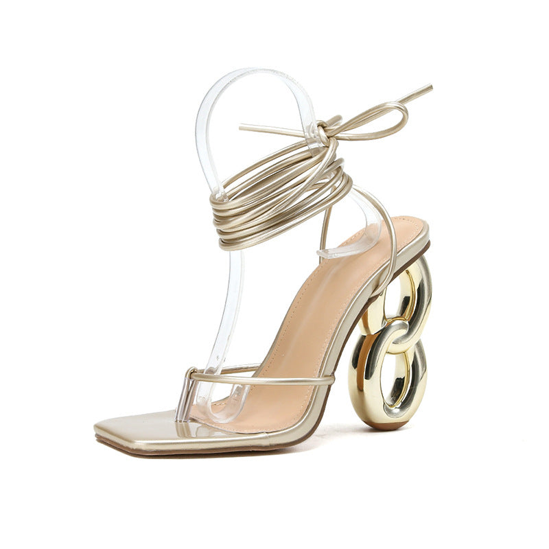 All Match Square Toe Elegant Sexy Flip Toe Profiled Heel Lace up High Heeled Sandals Women Summer