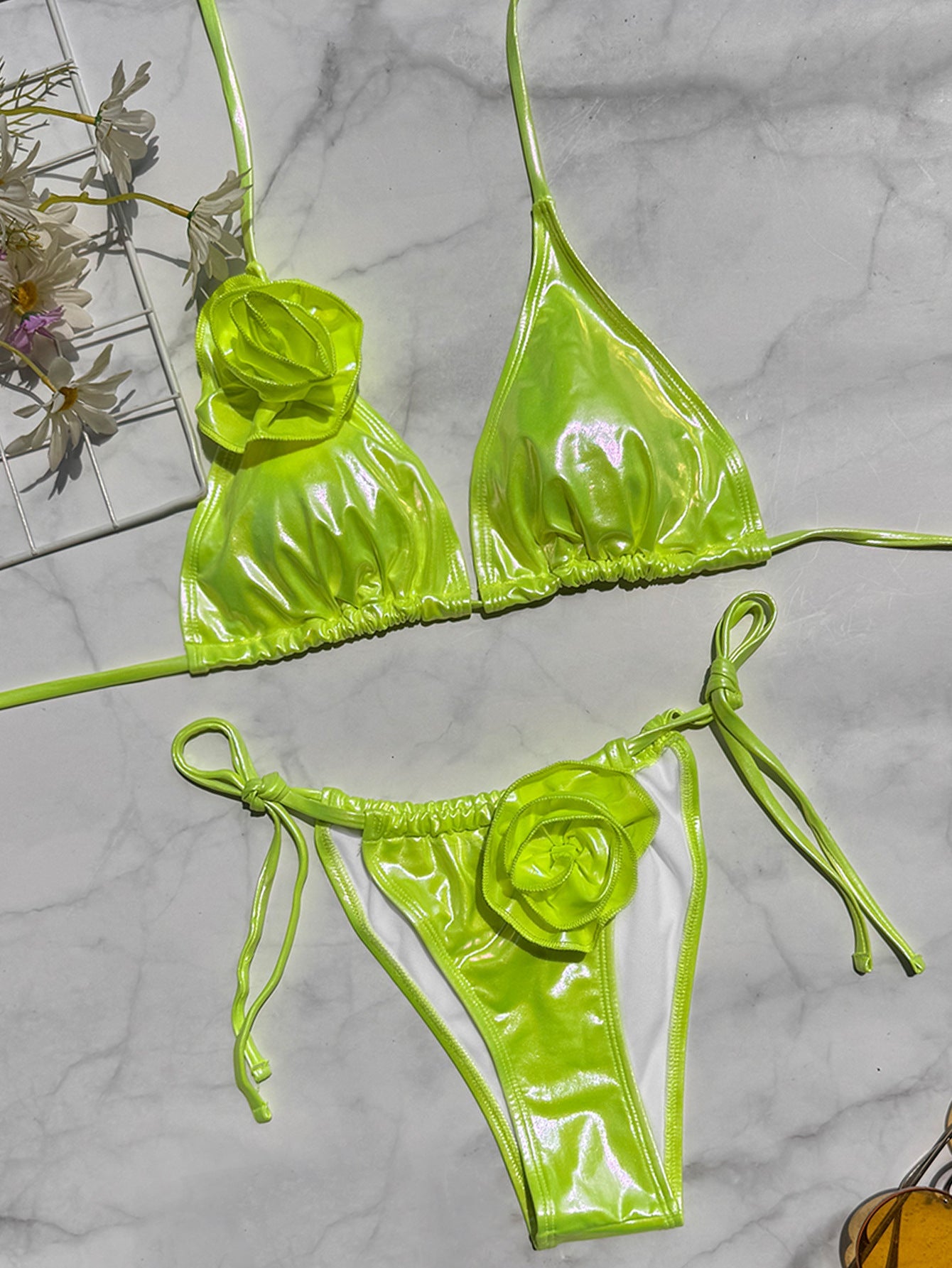 Bronzed Fabric Split Bikini Three Dimensional Floral Sexy Hanging Triangle Bag Swimsuit