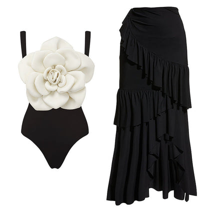 Black White Three Dimensional Big Floral One Piece Swimsuit Women Beach Vacation Suit Skirt
