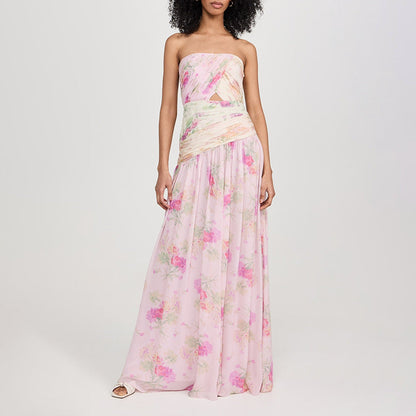Vacation Sexy Fairy Wrapped Chest Silk Elegant Floral Maxi Dress Summer Beach Dress