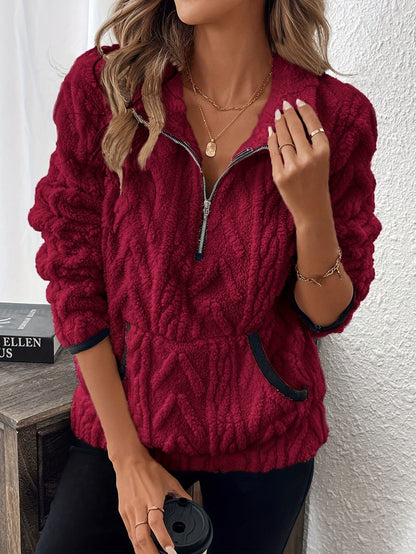 Autumn Winter Collared Classic Jacquard Half Zipper Plush Pocket Short Sweater