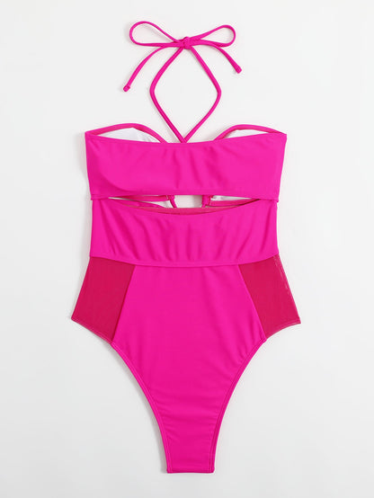 Solid Color One Piece Swimsuit Women Swimsuit Mesh Stitching Rose Red Hollow Out Cutout Siamese Bikini