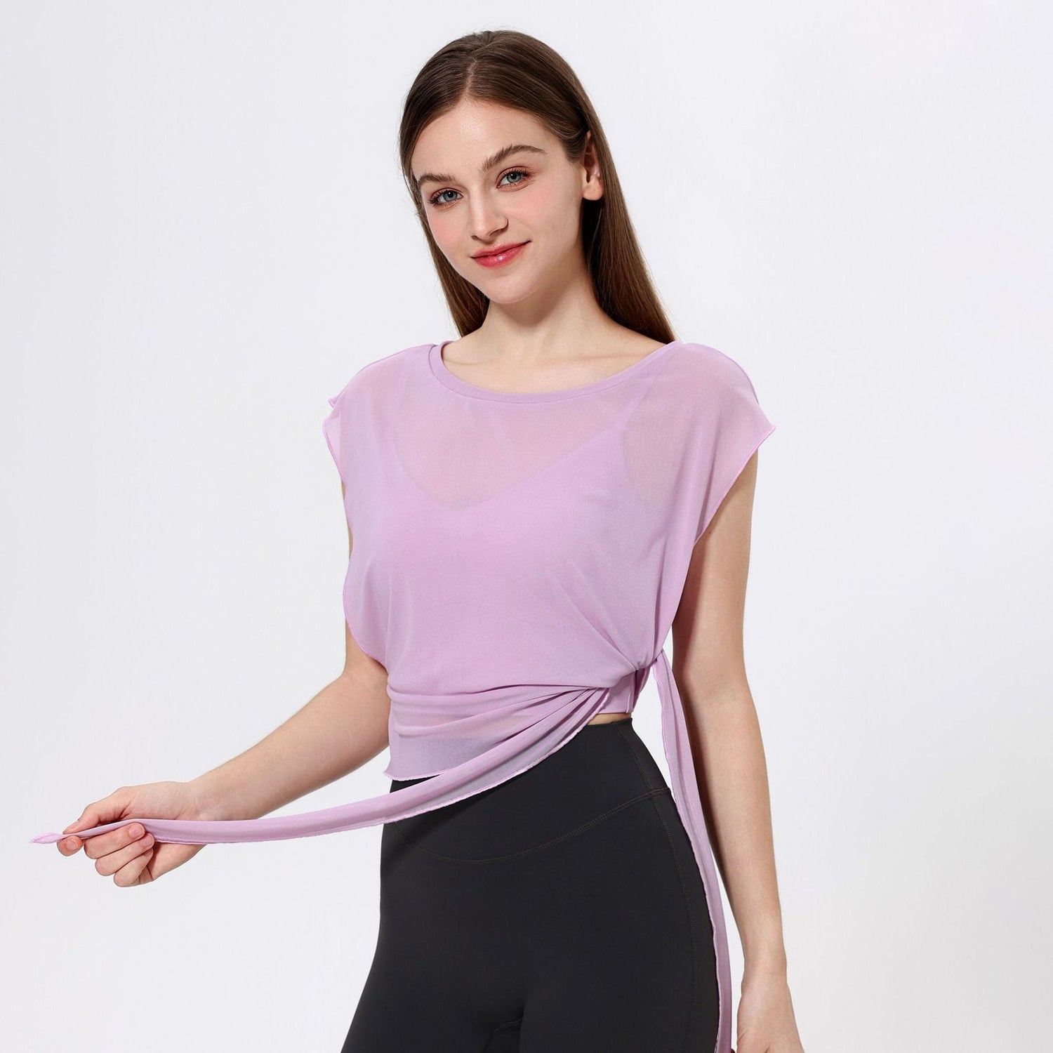 Two Piece Mesh Yoga Clothes Short Sleeve Running Quick Drying Sports Bra One Piece Cup Workout Dance Clothes Top