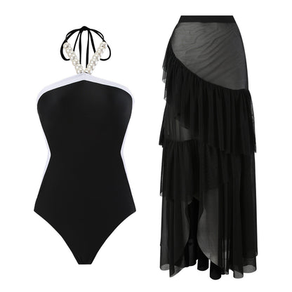 Lonkey Swimsuit Two Piece Solid Color Transparent Mesh Flying Edge Skirt Swimsuit