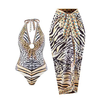 Bikini Leopard Print Lace up Halterneck Cover Belly Backless Gauze Skirt Sunscreen Swimsuit Women