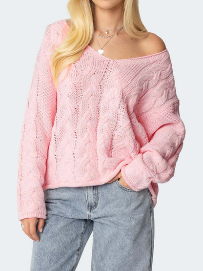Autumn Solid Color Loose Lazy V neck Twist Knitted Pullover Sweater Women Top