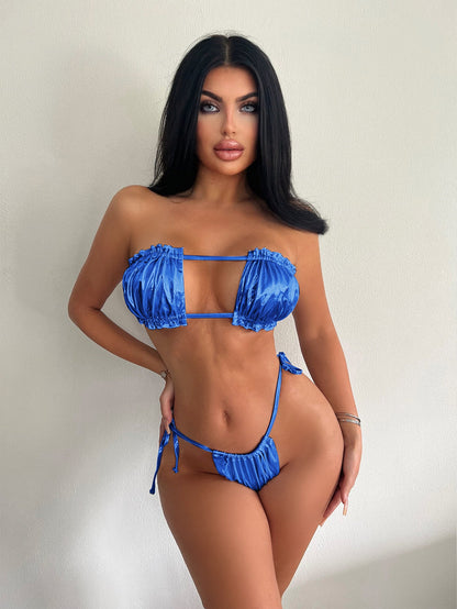 Bikini Bronzing Lace Pleated Tube Top Split Swimsuit Women Backless Lace up Bikini