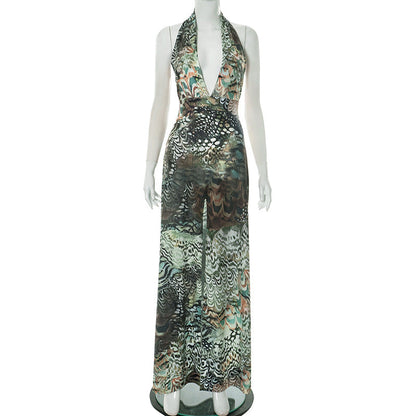 Women Clothing Elegant Halter Deep V Plunge neck Backless Waist Tight Slit Dress Abstract Printing Dress Women