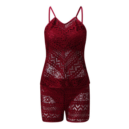 Women Seperated Swimwear Solid Color Grid Jacquard Boxers Bikini Swimwear