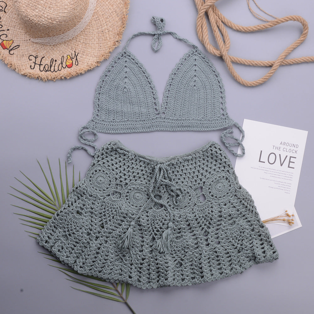 Hollowed out Lotus Bud Short Skirt Split Hand Woven Beach Swimsuit Vacation Two Piece Sets