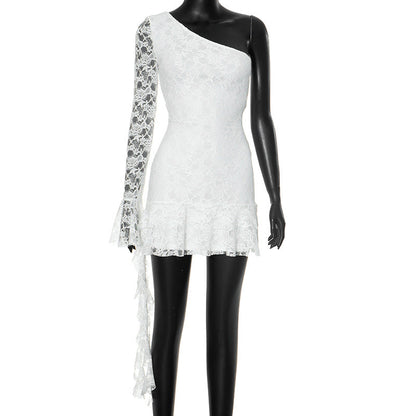Women Autumn Shoulder Sleeve Ruffles Streamer Long Sleeve Short Dress