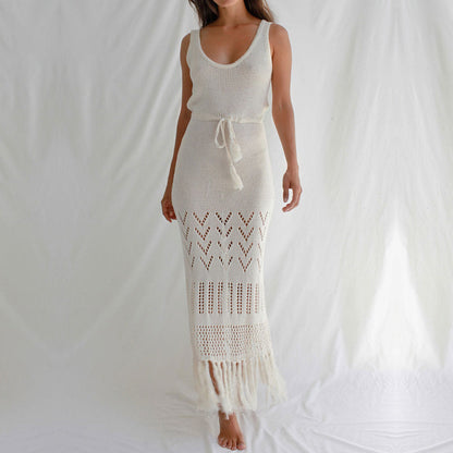 Sunscreen Beach Dress Hollow Out Cutout out Strap Women Maxi Dress with Tassel Bikini Swimsuit Blouse