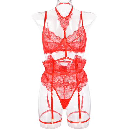 Sexy Three Piece Summer Lace Eyelash Lace Stitching with Halter Foot Ring